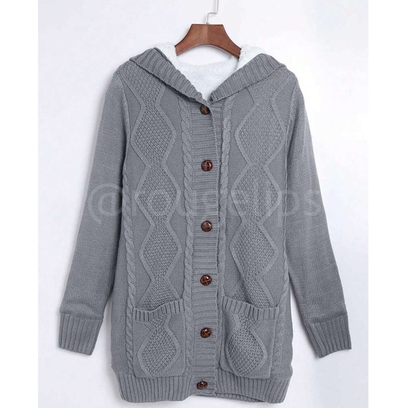 Sherpa Grey Knit Hooded Cardigan Front Pockets Long Sleeves Hip Length Buttoned - Picture 7 of 17